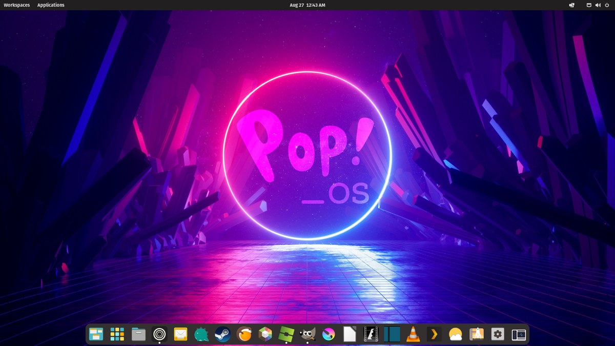 Bureau Pop!_OS : fond neon violet, logo Pop!_OS centré, dock avec Steam, VLC, Firefox, gestionnaire de fichiers. Distribution Linux grand public.