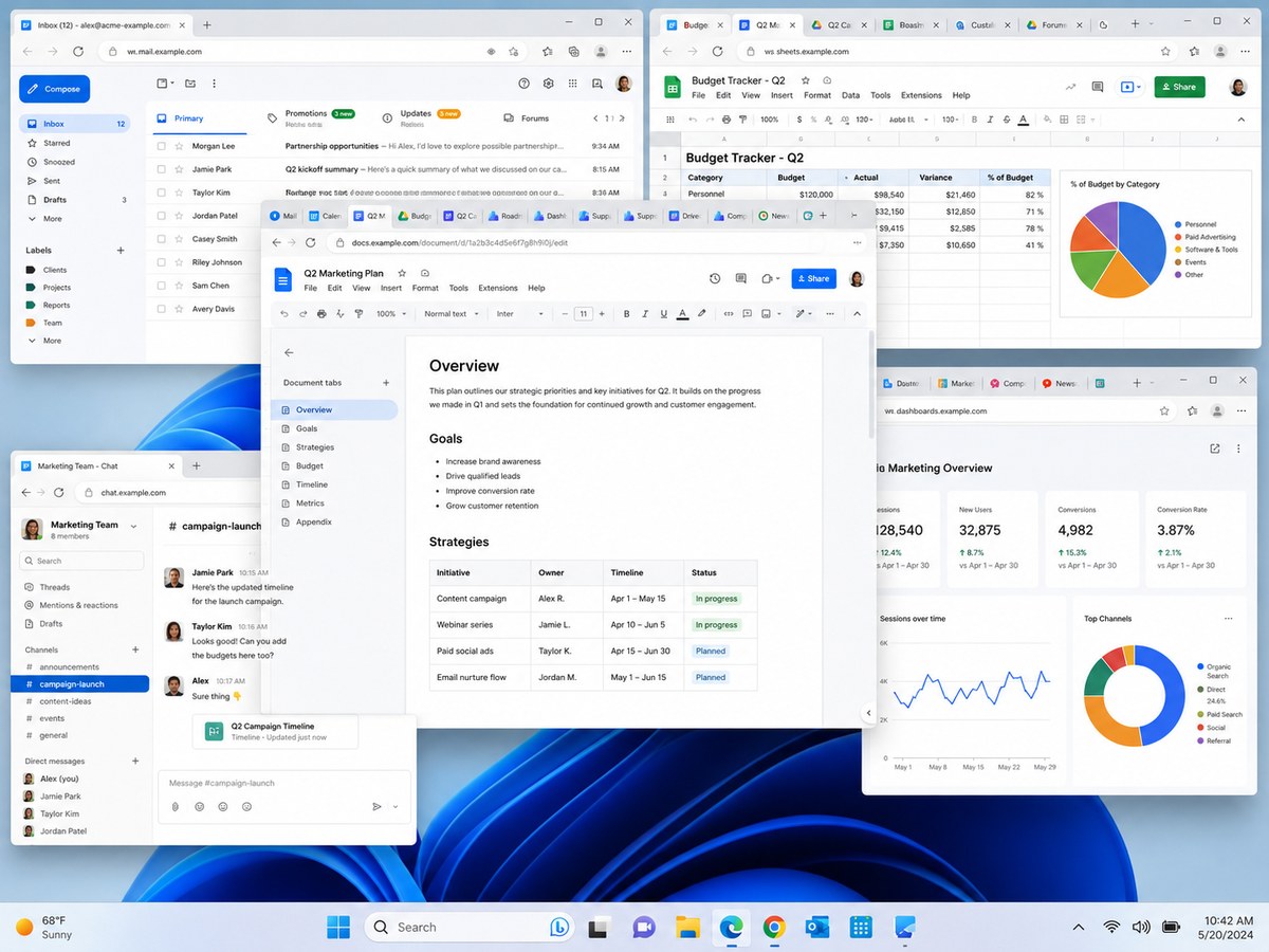 Multiples fenêtres de navigateur ouvertes simultanément : Gmail, Google Sheets, Google Docs plan marketing, dashboard analytics, messagerie d'équipe. Usages professionnels quotidiens entièrement dans le navigateur.